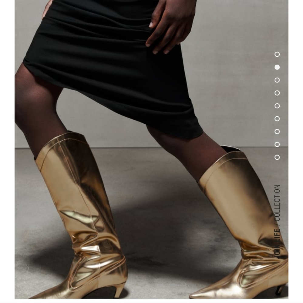 Zara NWT 38 7.5 Gold metallic patent leather boots cowboy heels patent b… - Picture 2 of 13